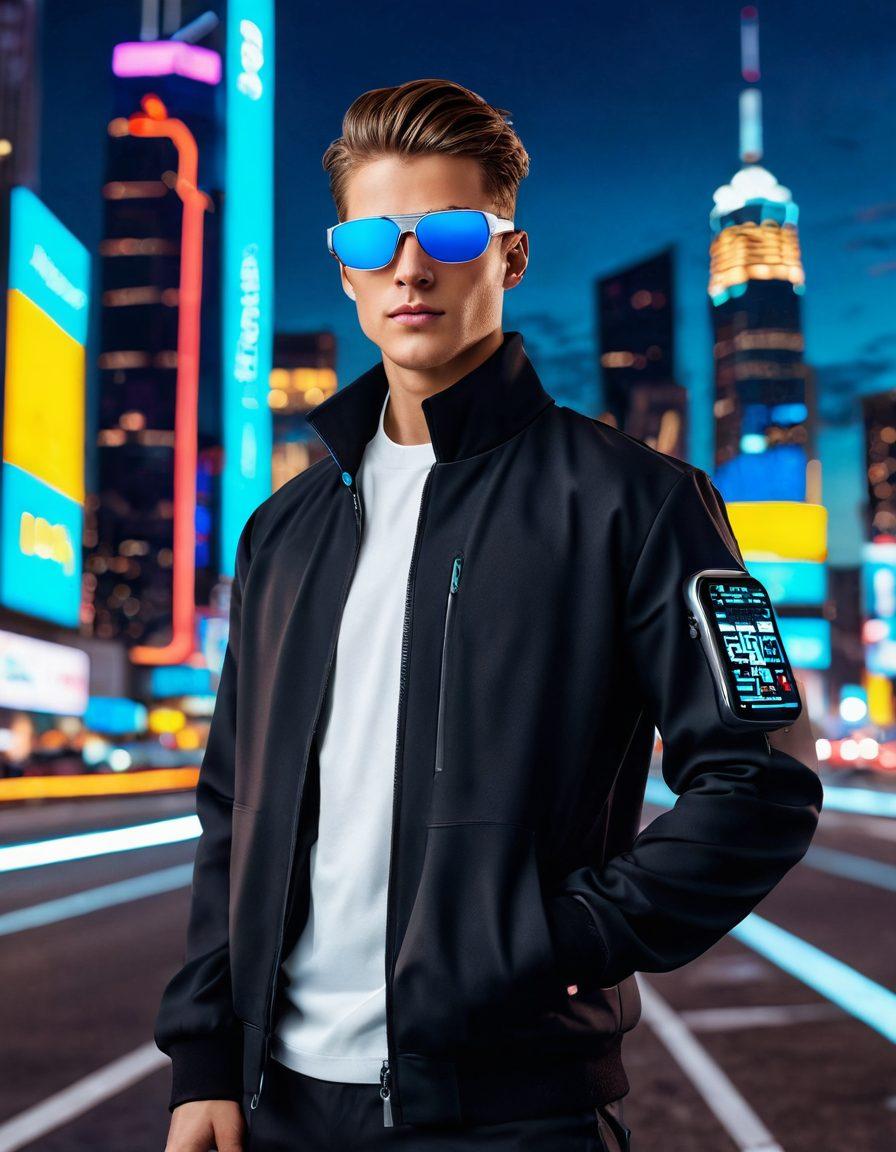 A stylish person dressed in a blend of high fashion and tech wear, standing confidently in a futuristic urban setting. Their attire includes smart accessories like AR glasses and a sleek smartwatch. The background features a skyline with digital billboards showcasing fashion innovations. A soft glow emanates from their outfit, symbolizing intelligence and creativity. super-realistic. vibrant colors. 3D.